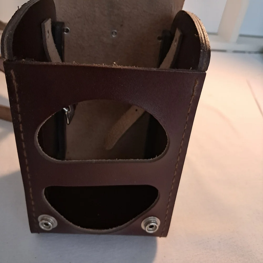 Vintage Leather Camera Case, long strap, brown, buckle straps inside, 4